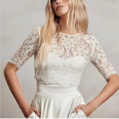 Gorgeous Lace Bridal Top From Catherine Deane For Bhldn. Lace, Cropped But Still Long Enough To Tuck In To A High Waisted Skirt Or Suit Pants. Satin Covered Button Closure In Back Is A Beautiful Vintage Detail. Top Is Unlined. Size Large Fits A Womens 12. Non Stretch And Unlined. Nwot Tags - I Purchased To Wear With The Catherine Deane Mae Skirt For My Wedding But Ended Up Going With Something Else. Pants Satin, Catherine Deane, Bridal Tops, Lace Bridal, Suit Pants, Bridal Lace, My Wedding, High Waisted Skirt, Top Blouse