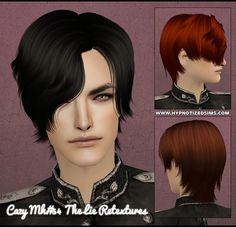 the male character is wearing black and red hair