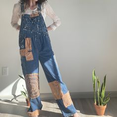 Overall Patches, Painted Overalls Aesthetic, Patches On Overalls, Patch Work Overalls, Patchwork Overalls Diy, Vintage Brown Cotton Overalls, Bohemian Patchwork Overalls For Spring, Bohemian Cotton Overalls, Vintage Cotton Patchwork Overalls