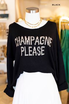 Get the party started in these adorable Champagne sweaters! Showcased in 4 color options, our champagne sweaters are crafted with a light weave that is soft to the touch. This sweater is a perfect transitional piece as the weather changes throughout the seasons. Cozy up at home or go out on the town with this versatile piece that is a must have in your wardrobe. Perfect for bachelorette parties, brunch dates, and so much more! "Champagne Please" sweater, Lightweight weave perfect for layering, L Fitted Crew Neck Knit Top For Party, Fitted Knit Top For Party With Crew Neck, Fall Party Crew Neck Knit Top, Trendy Spring Party Sweater, Party Top With Textured Knit And Crew Neck, Fall Party Knit Top With Crew Neck, Textured Knit Crew Neck Top For Party, Elegant Crew Neck Sweater For Party, Fitted Textured Knit Top For Party