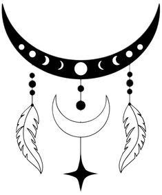 a crescent with three feathers hanging from it