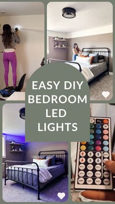 a collage of photos with the words easy diy bedroom led lights on them