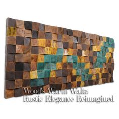 wood wall art with green, yellow and brown squares