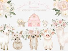 watercolor farm animals clipart set with flowers, barn and baby carriage for commercial use