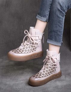 Back Zip Retro Hollow Spring Ankle Boots ��— Obiono High Ankle Boots With Laces For Spring, Spring High Ankle Boots With Laces, High Ankle Lace Boots For Spring, Trendy Beige Lace-up Boots With Round Toe, Spring High-top Lace-up Boots, High-top Laced Boots For Spring, Casual Lace-up Mid-calf Boots For Spring, Casual Pink Ankle-high Platform Boots, Casual Lace-up Boots With Round Toe For Spring