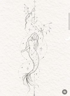 a drawing of a mermaid sitting on top of a star filled sky with the moon above it