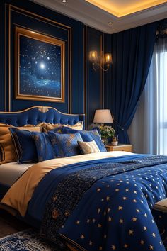 a bedroom with blue walls and gold stars on the bedspread, along with a large window