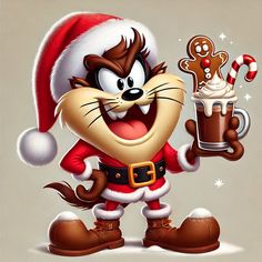 an image of a cartoon character holding a cup of hot chocolate and a gingerbread