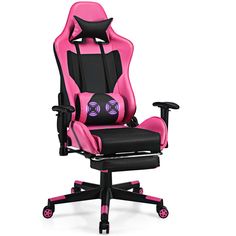 a pink and black office chair with eyes on it