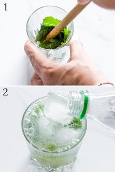 two pictures showing the steps to make a mojito