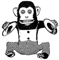 a black and white drawing of a monkey holding two plates