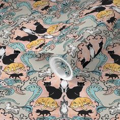 an image of a pattern on fabric with cats and flowers in pastel colors,