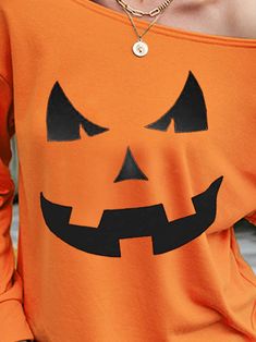 Halloween Pumkin Off Shoulder Long Sleeve Sweatshirt Spooky Long Sleeve Tops For Fall, Spooky Orange Long Sleeve Tops, Orange Long Sleeve Spooky Top, Orange Crew Neck Top For Halloween, Orange Long Sleeve T-shirt For Fall, Orange Crew Neck Halloween Sweatshirt, Spooky Orange Long Sleeve T-shirt, Spooky Long Sleeve Orange T-shirt, Spooky Long-sleeve Orange T-shirt