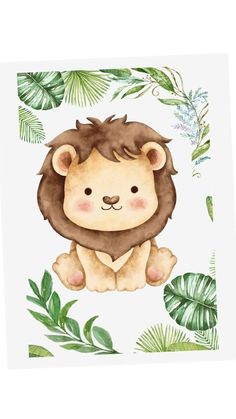 a watercolor drawing of a lion surrounded by tropical leaves and plants on a white background