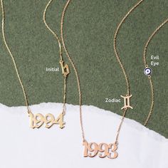 "14k Solid Gold Birth Year Necklace, Personalized Custom Date Number Necklace, Custom Year Birthstone Initial Necklace Gift for Her Women Men ► Adding a customized tiny bar at clasp may be a good idea: https://etsy.me/3cn9OQ5 Material: Solid Gold (real gold, no gold-filled or no gold plated material) Available Gold Karat: 14K (585) Available Gold Color: Yellow, rose, and white The height of the pendant: 10 mm You can customize the chain length from 16\" to 24\". The \"cable chain\" is used for t Gold Nameplate Necklace With Birthstone, 14k Gold Nameplate Necklace With Birthstone, 14k Gold Nameplate Jewelry With Birthstone, Yellow Gold Charm Necklace For Anniversary With May Birthstone, Symbolic Rose Gold Necklace For Anniversary, Gold Engraved Necklace For May Birthstone, Engraved Yellow Gold Jewelry For May Birthstone, Yellow Gold Necklace For Anniversary With May Birthstone, Spiritual 14k Gold Charm Necklace For Anniversary