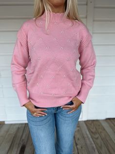 Stunning pink sweater with pearl detail Model is 5'7" with a 28" waist, 34" bust, and 36" hips wearing a small Feminine Stretch Sweater For Winter, Pearl Sweater, Pink Pearl, Pink Sweater, Free Giveaway, Pink, How To Wear