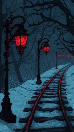 a painting of a train track in the snow at night with red lights on it