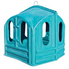 a blue plastic bird house with two windows