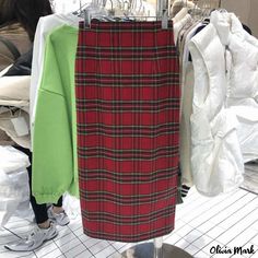 Olivia Mark - Vintage Red Plaid High-Waisted Midi Skirt with Bodycon Fit Plaid Midi Skirt, Red Midi Skirt, Strapless Evening Gowns, Bodycon Pencil Skirt, Red Slip Dress, Plaid Pencil Skirt, Red Midi, Red Checkered, Skirts Midi High Waisted