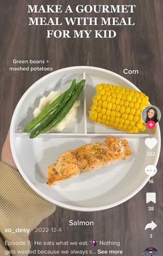 a person holding a plate with food on it that says make a gourmet meal for my kid