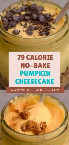 no bake pumpkin cheesecake in a jar with chocolate chips and caramel on top