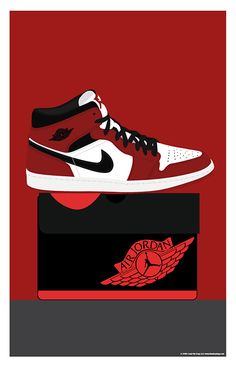 The iconic Air Jordan Sneaker 1 sneaker pictured on the original box. This is the perfect gift for any sneaker head! 11x17 Digital Print 80 lb Strathmore Cover (thick paper) Unsigned 18x24 and Larger Giclee Print 60 lb Super Heavyweight Matte Paper Signed by the Artist Acid Free, HP premium Matte 100lb cover, Brilliant white FSC certified paper Shipped in our custom protective corrugated tube Larger prints are individually printed as a Giclee print on high quality paper using 12 color HP Viviera Air Jordan Paper, Shy Glizzy, 90's Hip Hop, Nike Logo Wallpapers, Red And Black Shoes, Sneakers Illustration, Sneakers Wallpaper, Paper Shoes, Hypebeast Wallpaper