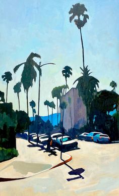 an oil painting of palm trees and cars parked on the street in front of a building