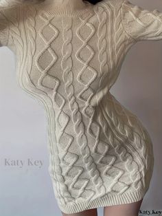 Katykey - Chic Cable Knit Sweater Dress with Bodycon Cut-Out Detail and Long Sleeves - Womens Fashion Cable Knit Sweater Dress, Twist Pattern, Knit Sweater Dress, Cable Knit Sweater, Cable Knit, Knit Sweater, Knit Fabric, Knitted Fabric, Collar Styles