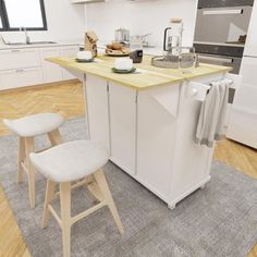 a kitchen island with two stools next to it