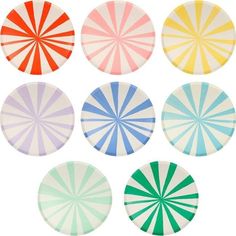 six different colored paper plates sitting next to each other