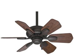 a ceiling fan with three wooden blades on it's blades and the dust armor logo