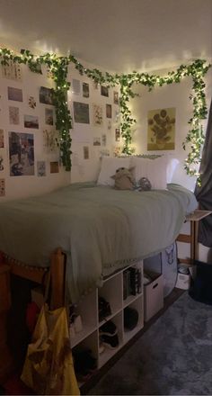 a bedroom with ivy growing on the wall and bed in it's corner area