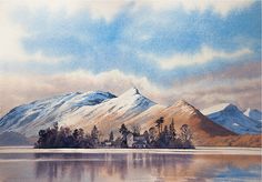 watercolor painting of snow covered mountains and lake