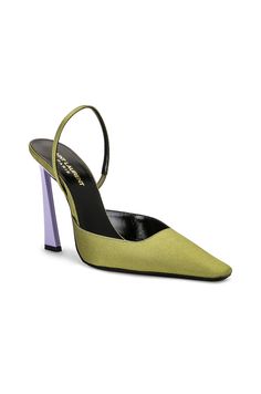 Find SAINT LAURENT Tom Slingback Pump In Olive on Editorialist. Saint Laurent Tom Slingback Pump in Olive Satin upper with leather sole. Made in Italy. Sling-back styling. Leather lining and footbed. Tapered toe with contrast purple flared heel. Approx 108mm/ 4.25 inch heel. SLAU-WZ1043. 736866-AABN0-3542. About the designer: SAINT LAURENT has been influencing and revolutionizing the fashion industry since the debut of its iconic ‘Rive Gauche’ collection in 1966 - the couture house was the first to create a ready-to-wear capsule. The sleek, precisely tailored staples, like the signature biker jackets, transcend seasons and trends. Creative Director Anthony Vaccarello continues to honor the label’s illustrious reputation by reintroducing cult styles, including the ‘Lou’ handbag and ‘Tribute Luxury Green Slingback Pumps, Green Slingback Pumps For Evening, Luxury Green Slingback Pumps For Party, Olive Heels, Heels And Sneakers, Designer Shoes Heels, Womens Footwear, Anthony Vaccarello, Rive Gauche