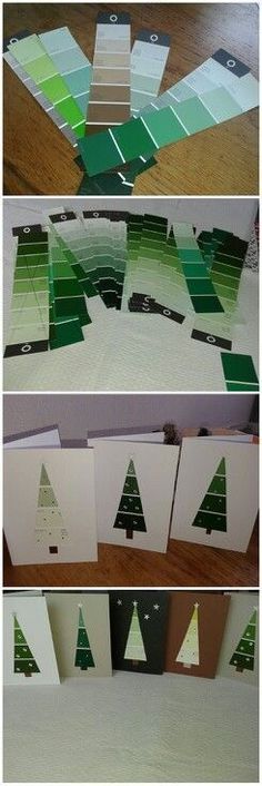 three different pictures of christmas cards with trees on them