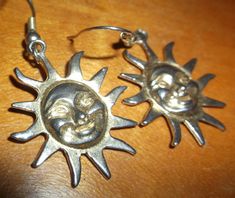 Sun face earrings. 1" pierced. Gold & silver tone. Silver Brass Earrings With Sun Design, Silver Sun Design Brass Earrings, Knitting Moodboard, Sun Earrings, Sun Face, Vintage Sun, Face Earrings, Earrings Metal, Favorite Jewelry