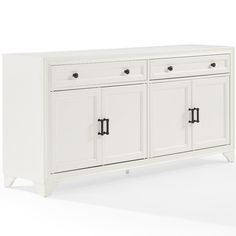 a white cabinet with three doors and two drawers on one side, in front of a white background