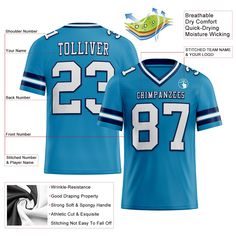 Order the jersey with special name & number you want from our shop, making a vibrant look on the field or daily life! Features: 1. Material: 100% Recycled Polyester-Body; 88% Nylon/12% Spandex-Neckline, Sides, Sleeves 2. Fit: Authentic jerseys have an athletic cut that fits snug in the chest and shoulders. 3. Stitched tackle twill name and numbers 4. Sublimated stripes on sleeves 5. Zone stretch fabric for enhanced movement; Tailored fit designed for movement 6. Moisture-wicking fabric has spong Custom Sportswear, Mesh Jersey, Logo Number, Blue Football, St. Patricks Day, Blue Jersey, Custom Fans, Alpha Kappa Alpha, 3d Pattern