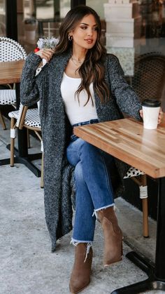 Details: Long sleeves Open front Longline cardigan Size Chart: Top Size Bust Length Shoulder inch cm inch cm inch cm S 39.4 100 39 100 14.9 38 M 41 105 39.5 101 15.3 39 L 43 110 40 102 15.7 40 XL 46.5 118 40.5 103 16.1 41 Outfits With Grey Cardigan, Cardigan Outfit Ideas, Long Beige Coat, Long Cardigan Outfit, Knit Long Cardigan, Coffee Date Outfits, Knit Duster, First Date Outfits, Cardigan Outfit