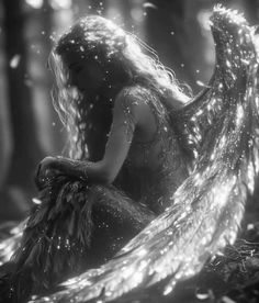 a woman with long hair and wings in the woods, surrounded by sparkles on her body