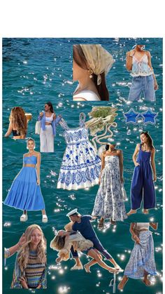 many different pictures of women in blue and white outfits on the water, including one woman wearing