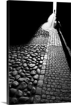 black and white photograph of cobblestone street with shadows on the pavement, taken from behind