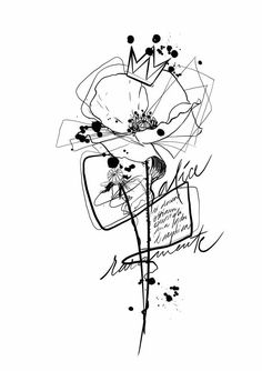 a black and white drawing of flowers with the word love written on it's side