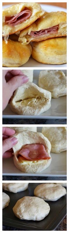 the process of making breads with ham and cheese on them is shown in three different stages