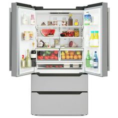 an open refrigerator filled with lots of food and drinks on the inside, including oranges