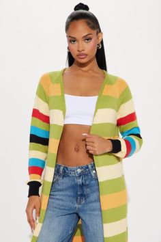 Available In Multi Color. Striped Cardigan Long Sleeve Open Front Striped Long Ribbed Hem 100% Polyester Imported | Piper Striped Cardigan size Small by Fashion Nova Trendy Green Cardigan For Layering, Trendy Green Spring Cardigan, Trendy Green Color Block Cardigan, Trendy Green Open Front Cardigan, Casual Green Color Block Cardigan, Trendy Color Block Cardigan For Spring, Spring Green Color Block Cardigan, Trendy Multicolor Open Front Cardigan, Green Open Front Top For Layering