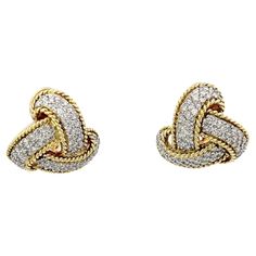 Trinity Knot Diamond Earrings in 18K Yellow Gold. The earrings feature 4ctw of brilliant round diamonds. The earrings have a diameter of 0.90 inches and weigh 17.8 grams. Diamond Knot, Trinity Knot, Trinidad, Clip On Earrings, Round Diamonds, Diamond Earrings, Mothers Day, Jewelry Earrings, Yellow Gold