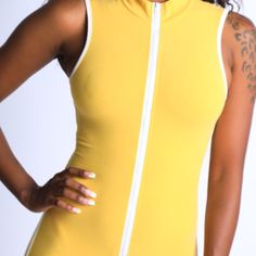 Side Binding Zip-Up Jumpsuit Egg Yellow Sleeveless Stretch Unitard For Spring, Spring Sleeveless Stretch Unitard, Fitted Sleeveless Unitard For Spring, Sporty Sleeveless Bodysuit For Spring, Casual Fitted Unitard For Summer, Fitted Casual Unitard For Summer, Sleeveless Stretch Unitard For Summer, Sporty Fitted Sleeveless Bodysuit, Casual Stretch Unitard For Summer