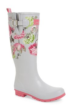 Joules 'Welly' Print Rain Boot (Women) Joules Rain Boots, Parisian Winter, Floral Rain Boots, Cute Rain Boots, Short Heel Boots, Rain Boots Women, Boots Knee High, Low Heel Boots, Boots Patterns