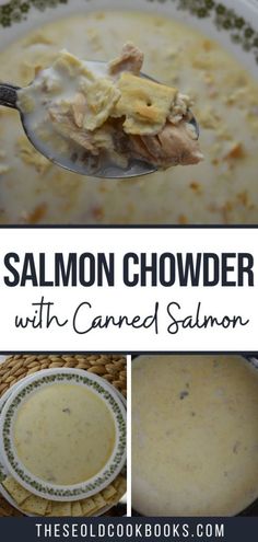 salmon chowder with canned salmon soup in a bowl and on a spoon, collage